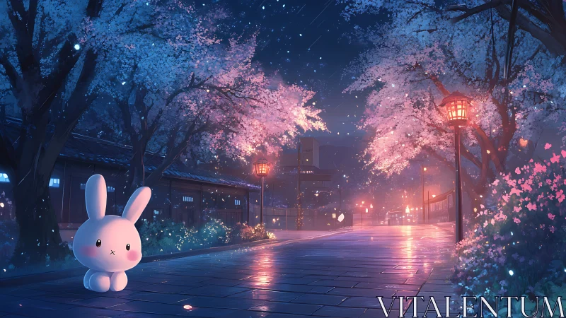 Nighttime cherry blossom street with stylized rabbit figure.