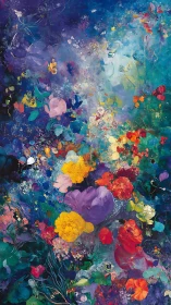 Dreamy midnight garden swirling with luminous wild blooms.