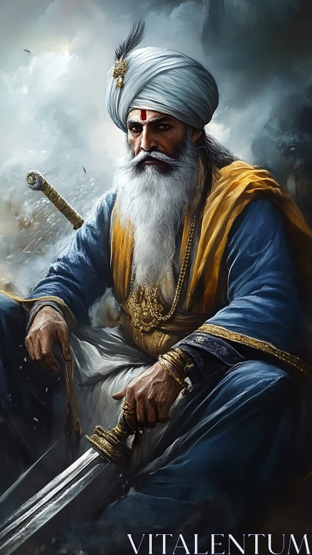 Regal Sikh warrior seated in stormlit chiaroscuro digital portrait