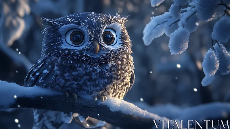 Adorable Big-Eyed Owl on Snowy Branch in Dreamy Winter Art.
