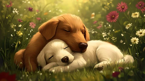 Two sleeping puppies rest closely together in a flower meadow