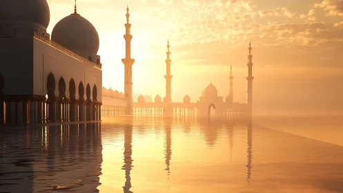 Volumetric sunrise over domed waterfront mosque architecture.