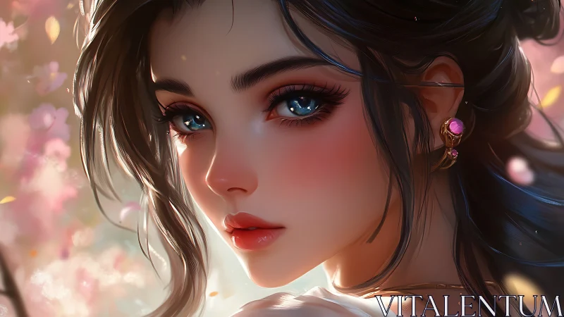 Digital portrait of woman with blue eyes in soft light.