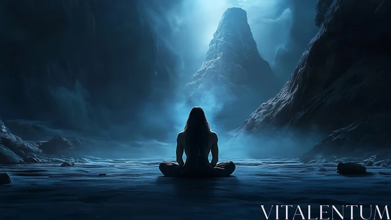 Solitary seeker converses with a blue-lit mountain of mist