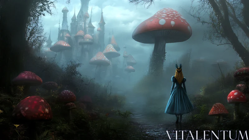 Mushroom towers beckon as a lone dreamer walks into mist