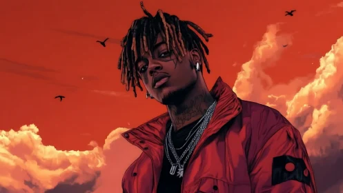 Stylized portrait of urban figure against dramatic red sky