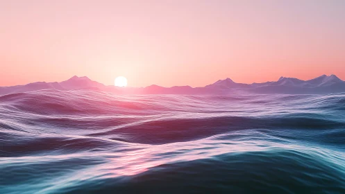 Gentle pastel waves welcome a peaceful pink ocean sunrise