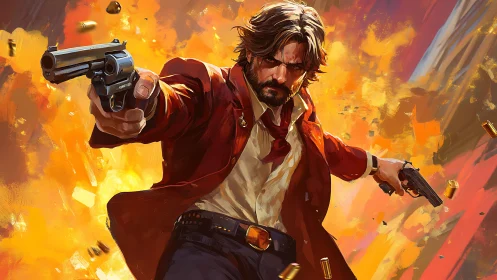 Gunfighter charges forward through blazing orange explosion