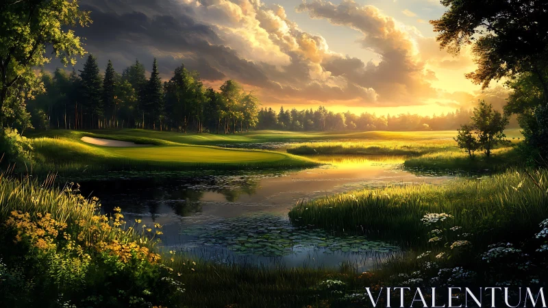 Sunlit golf course landscape surrounds reflective wetland pond