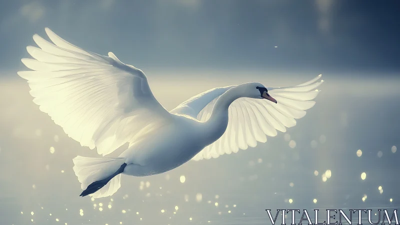 White swan in flight over calm water with soft light.