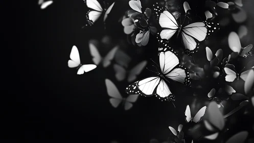 Monochrome monarch swarm in high-contrast optical bloom.