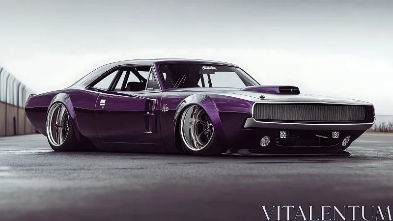 Low-slung purple muscle car with wide-body stance on track.