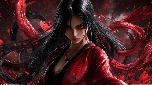 Crimson sorceress unleashes swirling bloodstorm wrath.