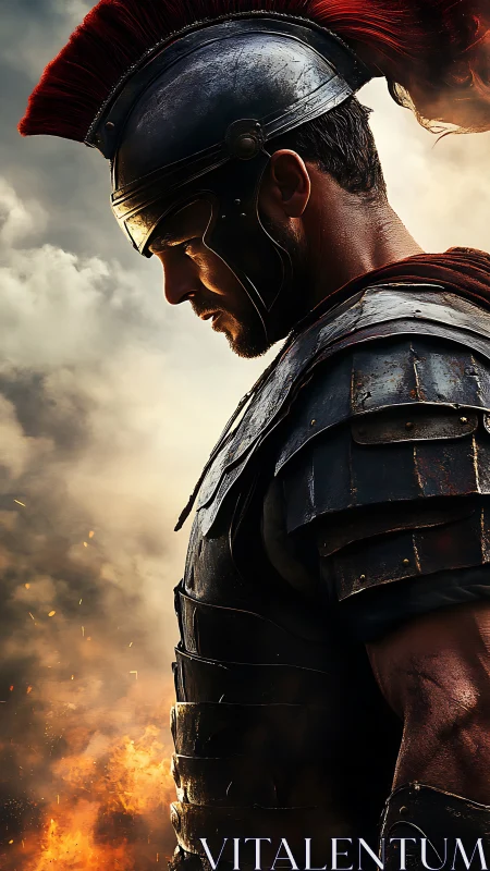 Side-profile Roman legionary in cuirass amid battlefield smoke