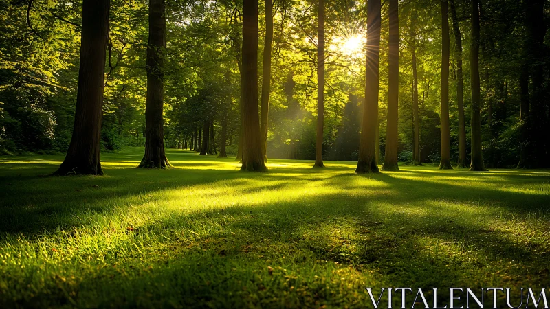 Sunlit forest clearing with tall trees and lush greenery, serene mood.