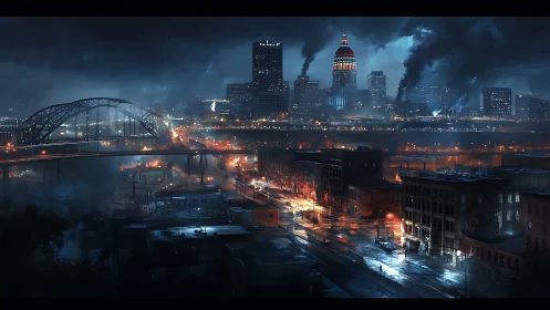 Stormy city skyline glowing through firelit night streets.