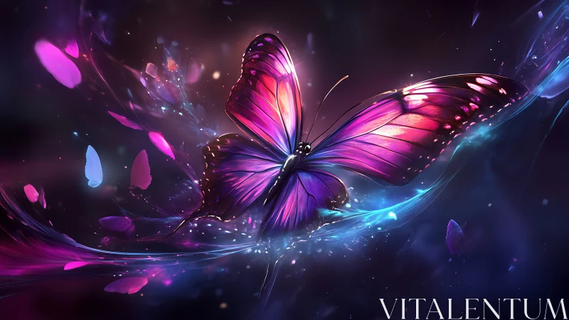 Luminescent violet butterfly in swirling neon particle stream.