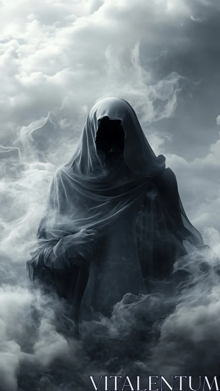 Hooded cloaked figure standing in dense swirling fog bank.