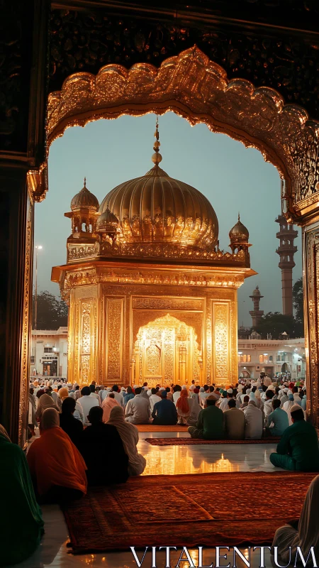 Golden-domed shrine at dusk framed by ornate gilded archway