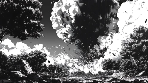 Forest sky erupts in a dramatic burst of light and shadow.