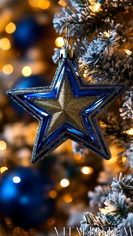 Blue glass star ornament with glitter on frosted tree.