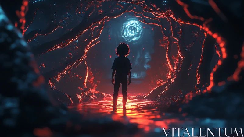 Child stands in glowing forest tunnel facing swirling portal.