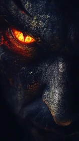 Demonic close-up burns with molten amber reptile eye.