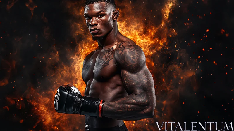 Athletic male figure with dramatic pyroclastic environmental effects.