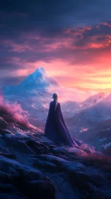 Cloaked dreamer watching sunrise crown a crystal mountain.