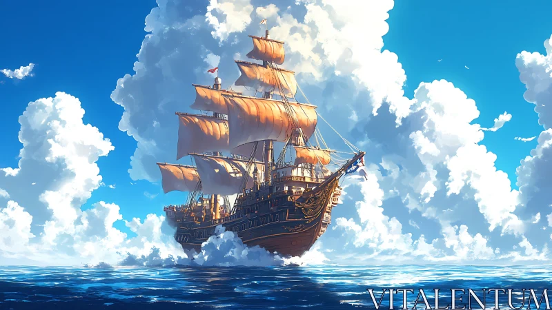 Golden galleon sails through towering clouds above calm sea