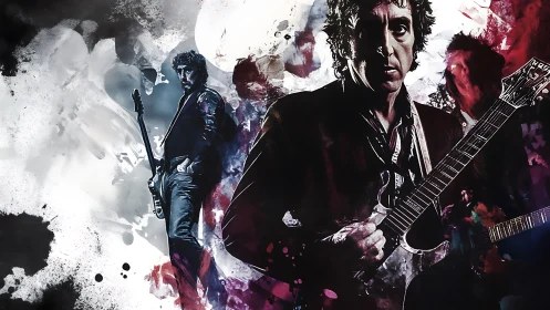 Multi-exposure electric guitarist within splattered chromatic field.