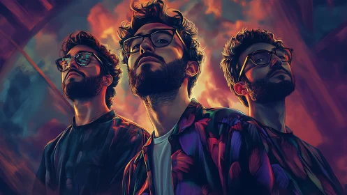 Neon-lit bearded trio stare into a glowing digital sky.