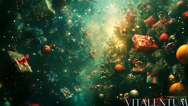 Glistening forest of gifts suspended in enchanted holiday light.