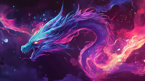 Spectral neon dragon coils through cosmic clouds with emissive flames