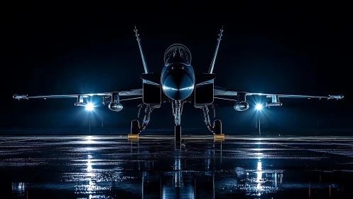 Midnight runway sentinel: jet fighter poised in blue light.
