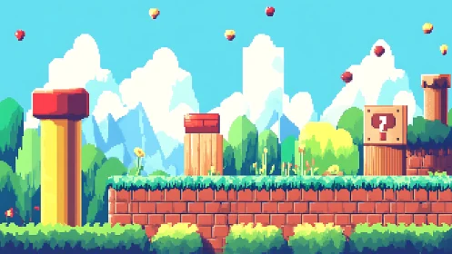 Pixelated side-scrolling forest platform level under clear sky