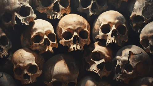 Oil-rendered ossuary still life with layered human skulls.