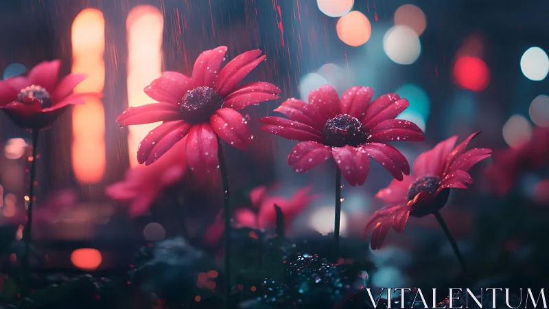 Red Daisies Rain Neon Glow Urban Scene