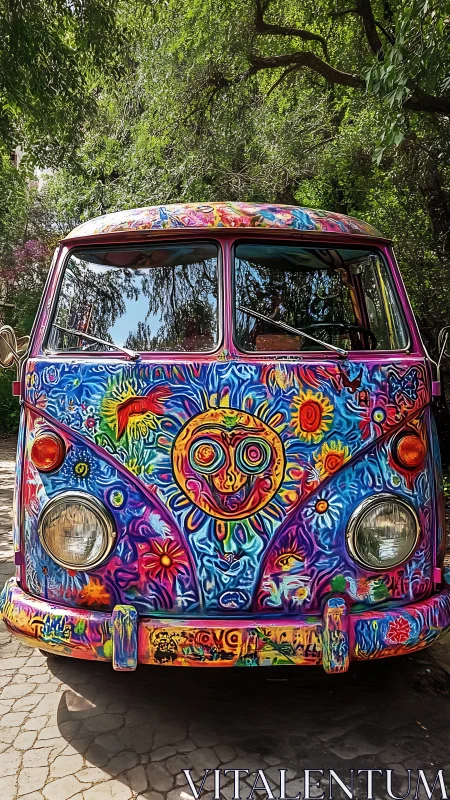 Psychedelic VW bus bursts with neon floral graffiti art.