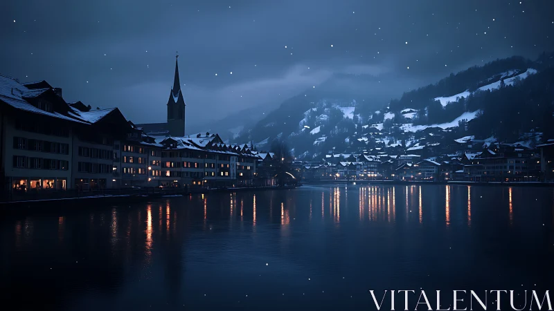 Snowy lakeside town at night with warm window lights.