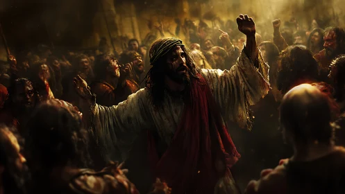 Prophet in crimson robe confronts a seething, torchlit crowd.