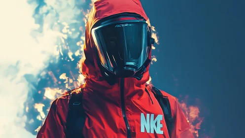 Bold red explorer in a futuristic burning sky moment.