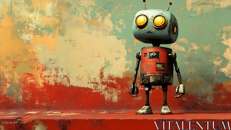 Lonely retro robot gazes ahead against vivid painted wall