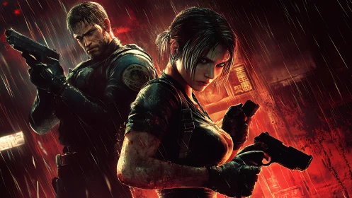 Stormlit gunfighters carve neon scars through the red rain