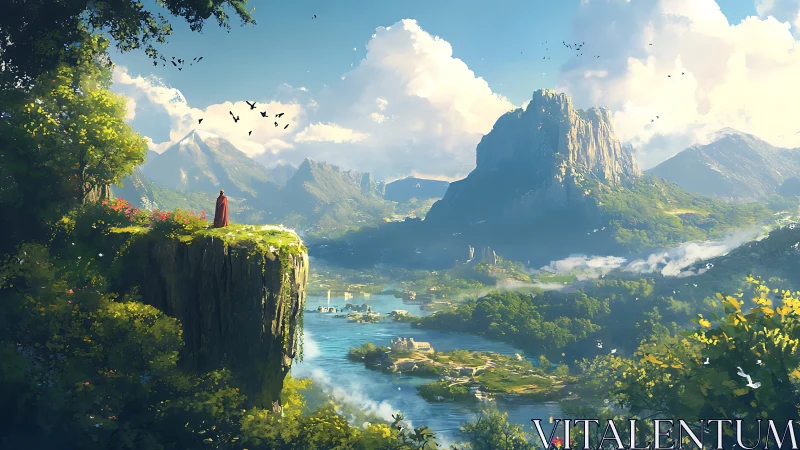 Solitary robed figure surveys vast luminous river valley