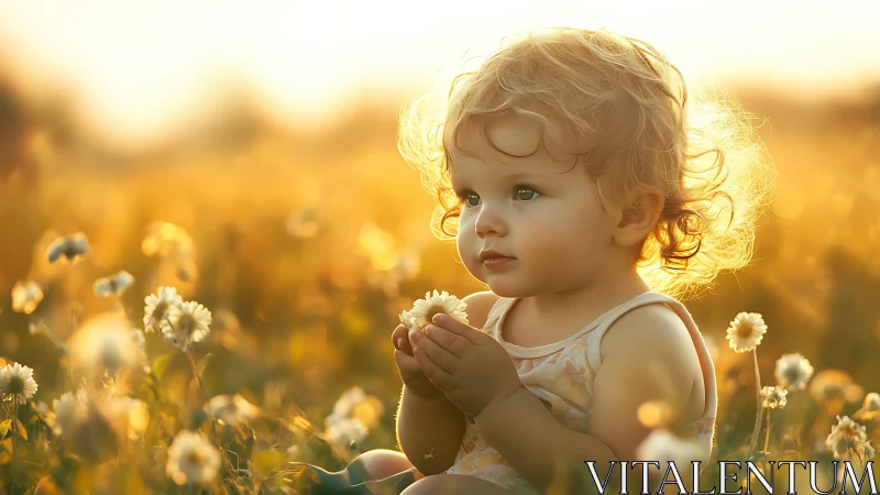Toddler in Flower Field at Golden Hour
