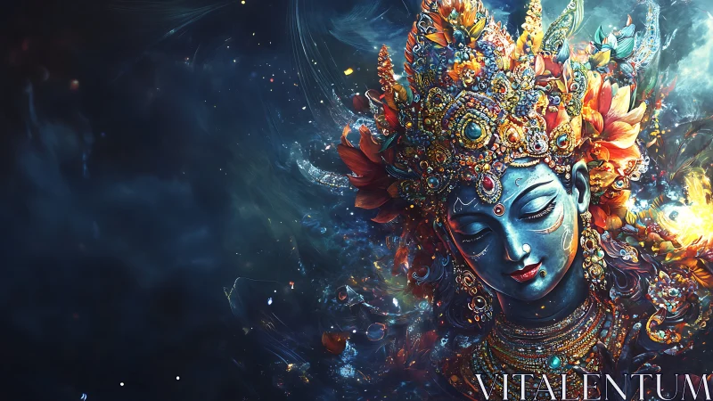 Celestial blue deity portrait crowned in jeweled fire