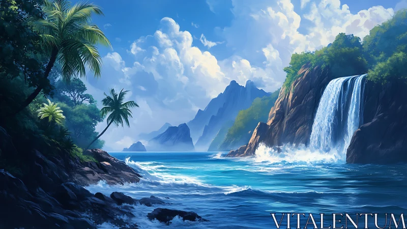 Tropical Waterfall Coastline with Mountain Peaks.