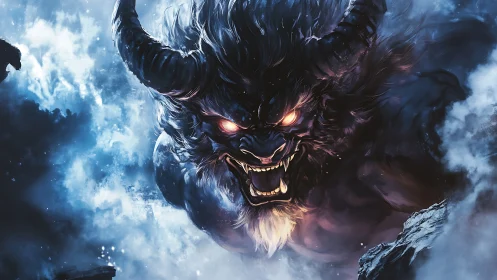 Horned demon head emerges from swirling icy storm