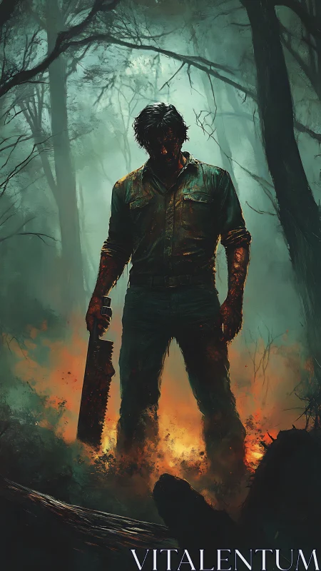 Chainsaw sentinel stalks through ember-lit haunted forest